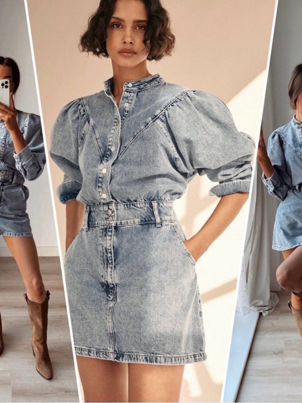 Mango Light Blue Denim Mini Dress with Puff Sleeves